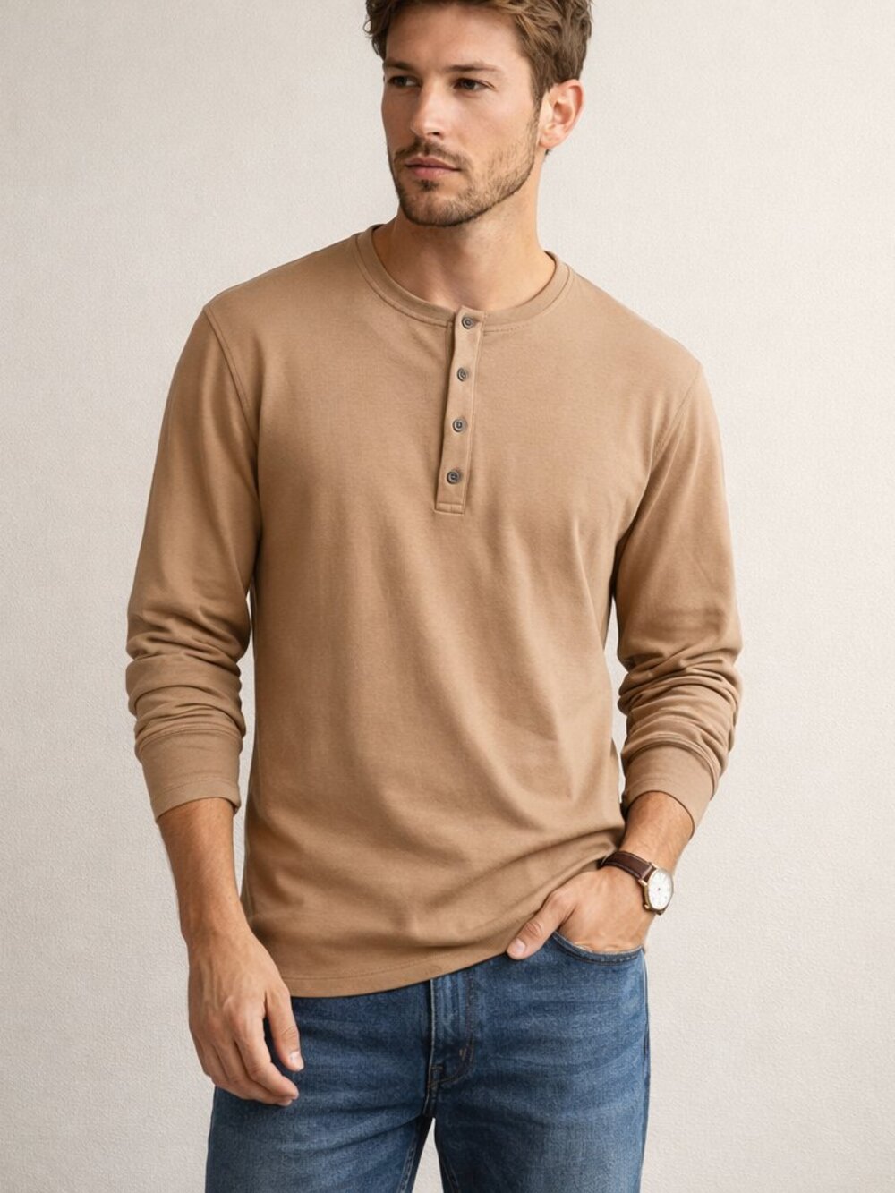 Sak's Fifth Avenue Long Sleeve Henley Shirt Tan Cotton Size XL